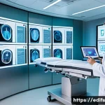 멀티모달 학습에서의 정보 기술 활용 - A high-tech medical AI laboratory scene showing a sophisticated AI system analyzing low-dose CT scan...