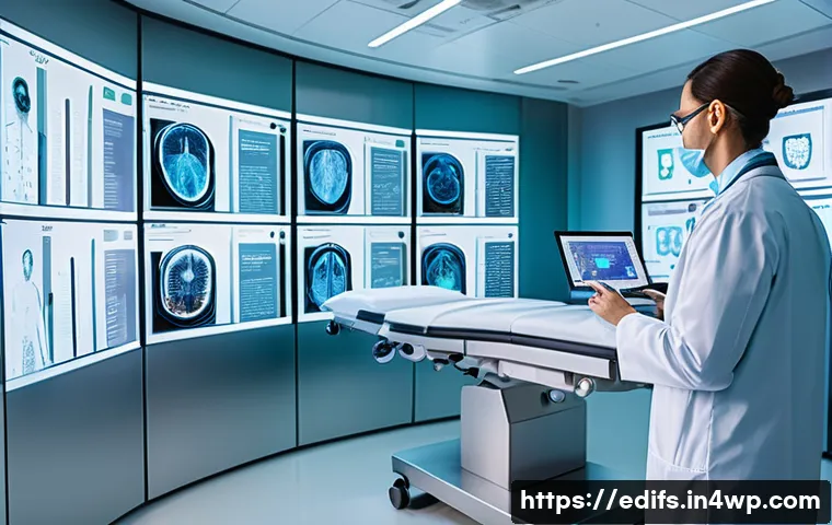 멀티모달 학습에서의 정보 기술 활용 - A high-tech medical AI laboratory scene showing a sophisticated AI system analyzing low-dose CT scan...